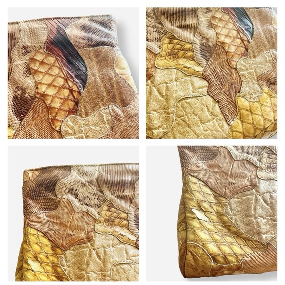 Vintage Creations By Lama Snakeskin Leather Clutch Shoulder Bag Brown Patchwork - Picture 9 of 10